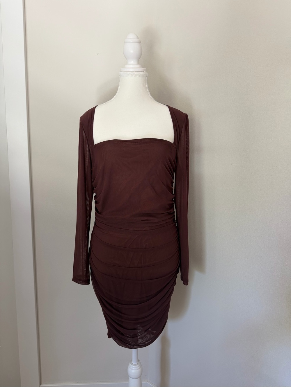 Amazon Brown Ruched Long-Sleeve Midi Dress